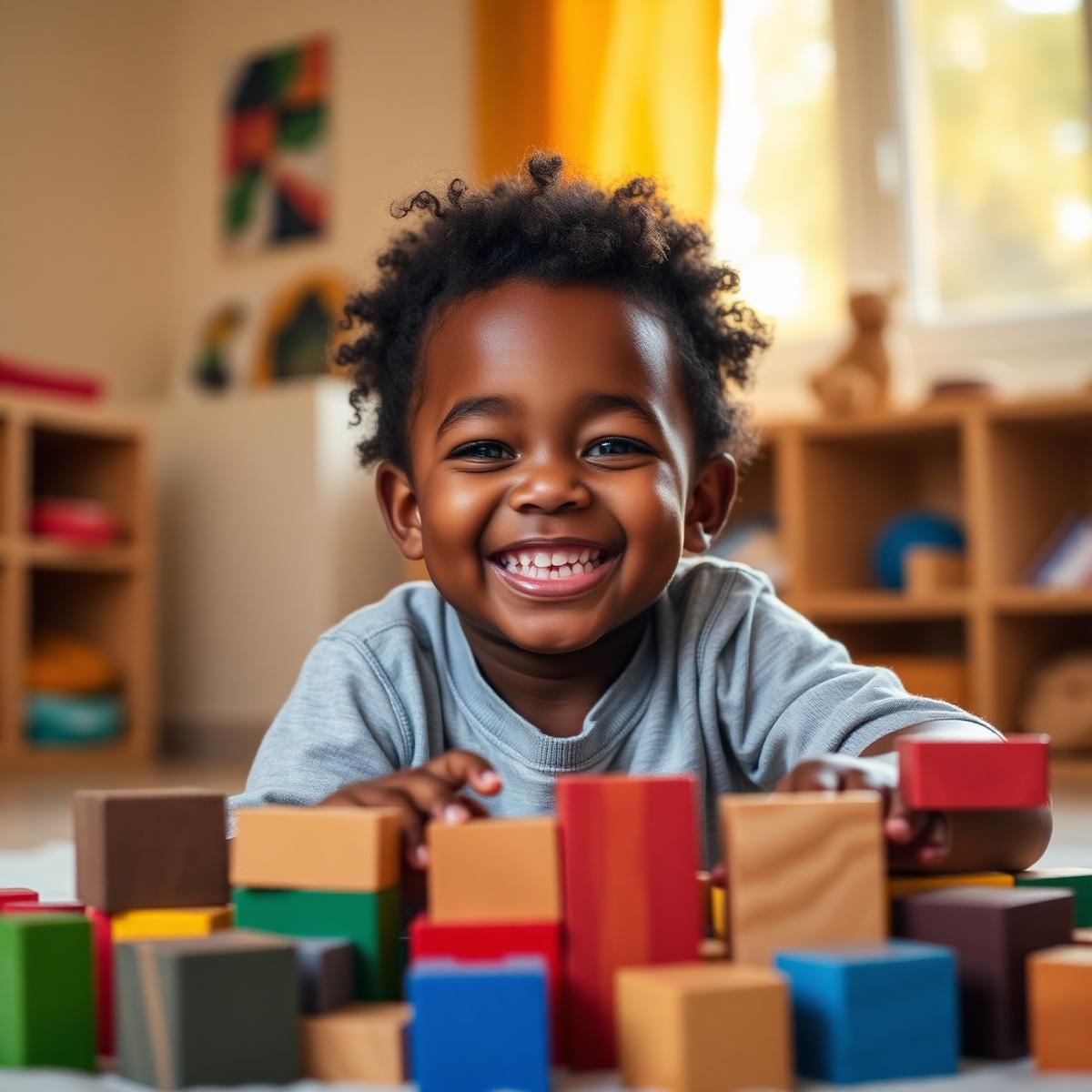 Smiling child playing with colorful blocks during ABA therapy